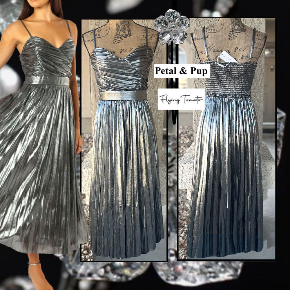 Petal & Pup and FLYING Tomato Silver Metallic Pleated Gaia Maxi Dress Size S NEW